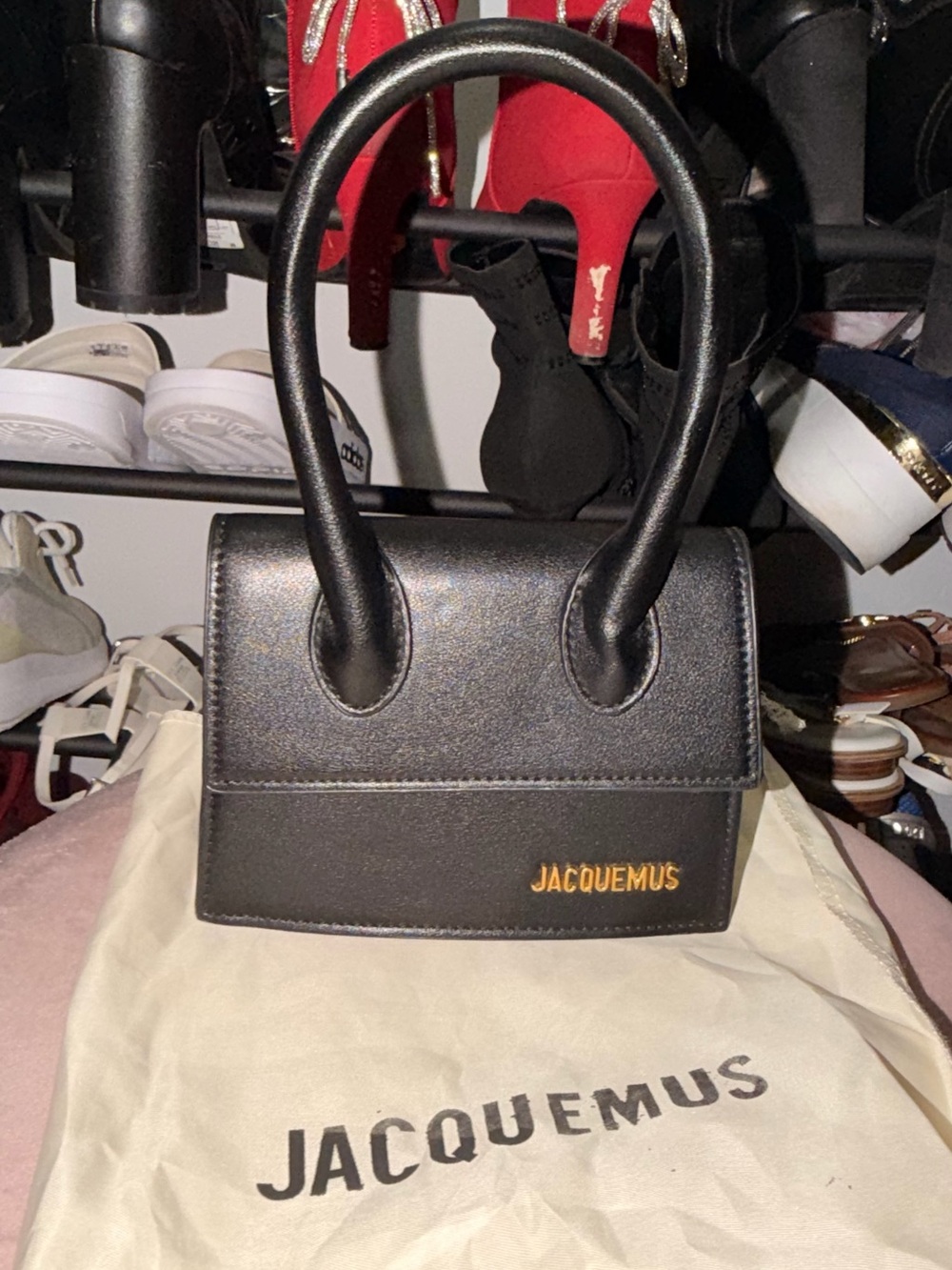 Jacquemus Black Mini Leather Top-Handle Bag with Gold Logo